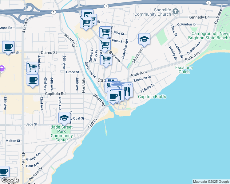 map of restaurants, bars, coffee shops, grocery stores, and more near 307 Cherry Avenue in Capitola