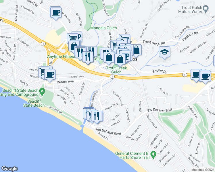 map of restaurants, bars, coffee shops, grocery stores, and more near 307 Moosehead Drive in Aptos