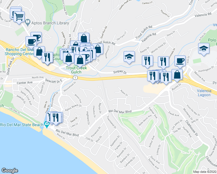 map of restaurants, bars, coffee shops, grocery stores, and more near 373 Sandalwood Drive in Aptos