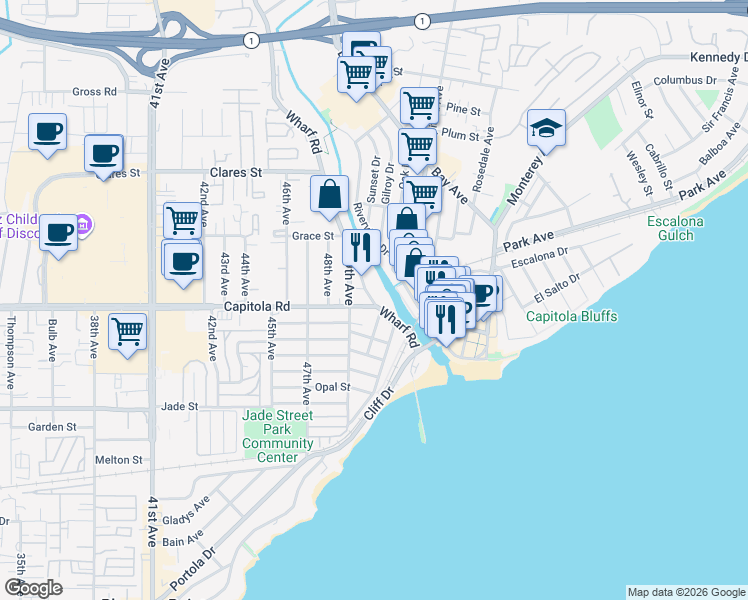 map of restaurants, bars, coffee shops, grocery stores, and more near 4930 Capitola Road in Capitola