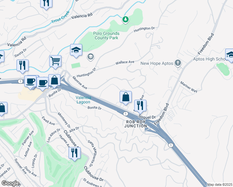 map of restaurants, bars, coffee shops, grocery stores, and more near 290 Jaunell Road in Aptos