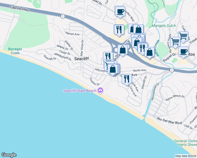 map of restaurants, bars, coffee shops, grocery stores, and more near 328 Coates Drive in Aptos