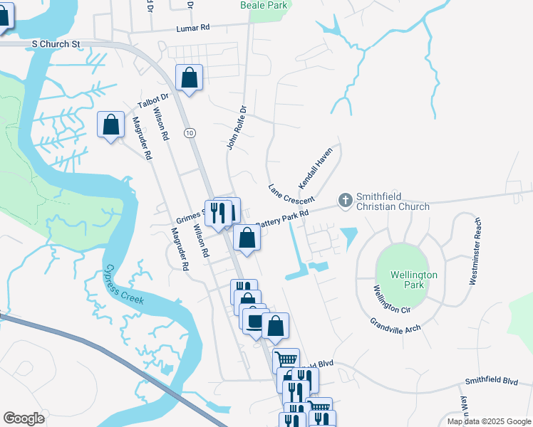 map of restaurants, bars, coffee shops, grocery stores, and more near 207 Battery Park Rd in Smithfield