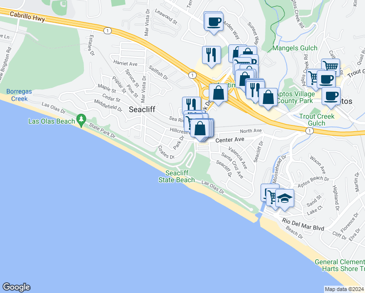 map of restaurants, bars, coffee shops, grocery stores, and more near 312 Coates Drive in Aptos