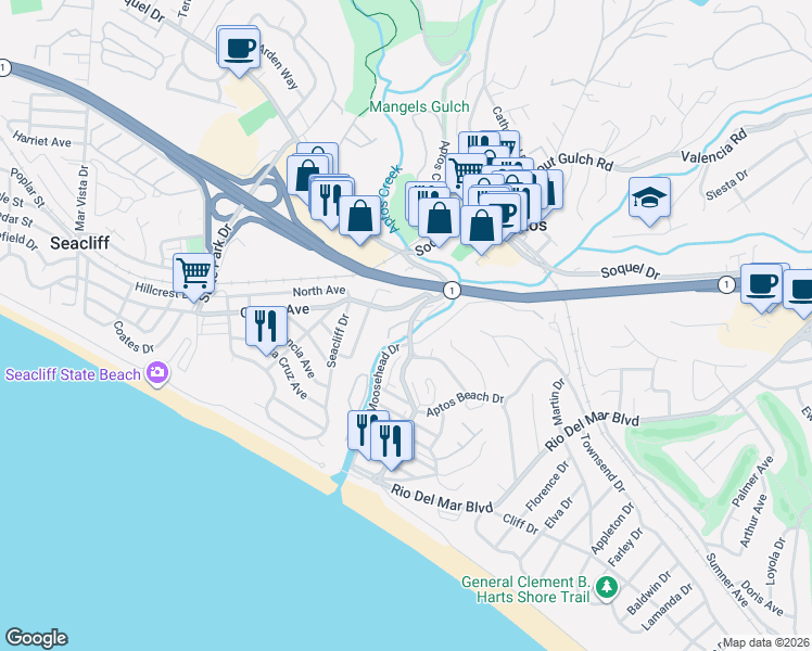 map of restaurants, bars, coffee shops, grocery stores, and more near 249 Spreckels Drive in Aptos