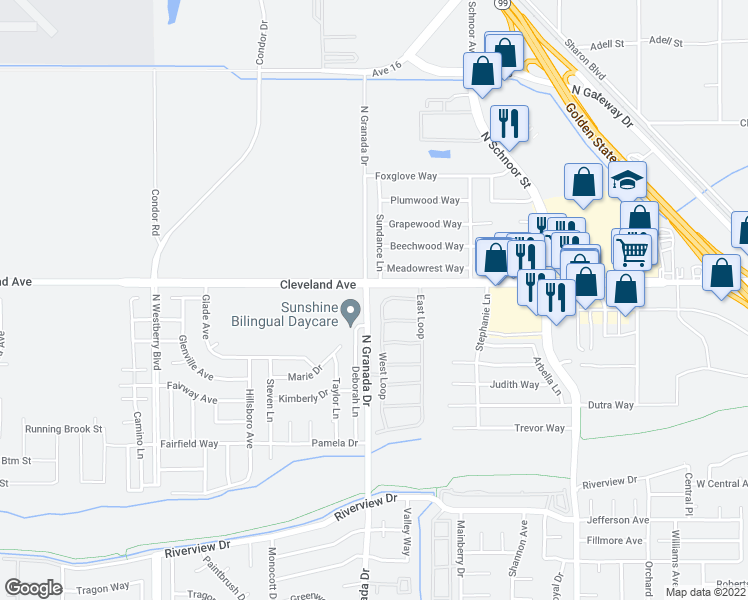 map of restaurants, bars, coffee shops, grocery stores, and more near 35 West Loop in Madera
