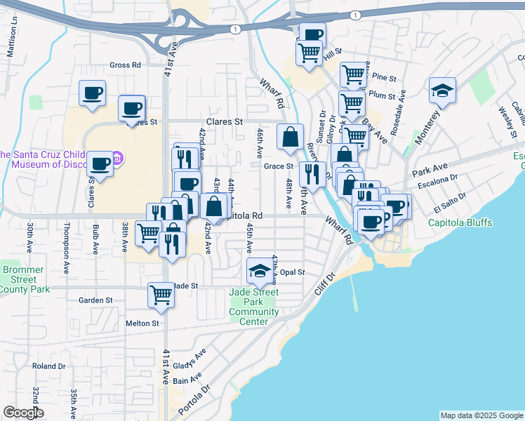 map of restaurants, bars, coffee shops, grocery stores, and more near 4610 Capitola Road in Capitola