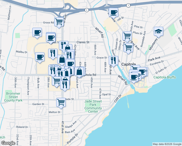 map of restaurants, bars, coffee shops, grocery stores, and more near 4450 Capitola Road in Capitola