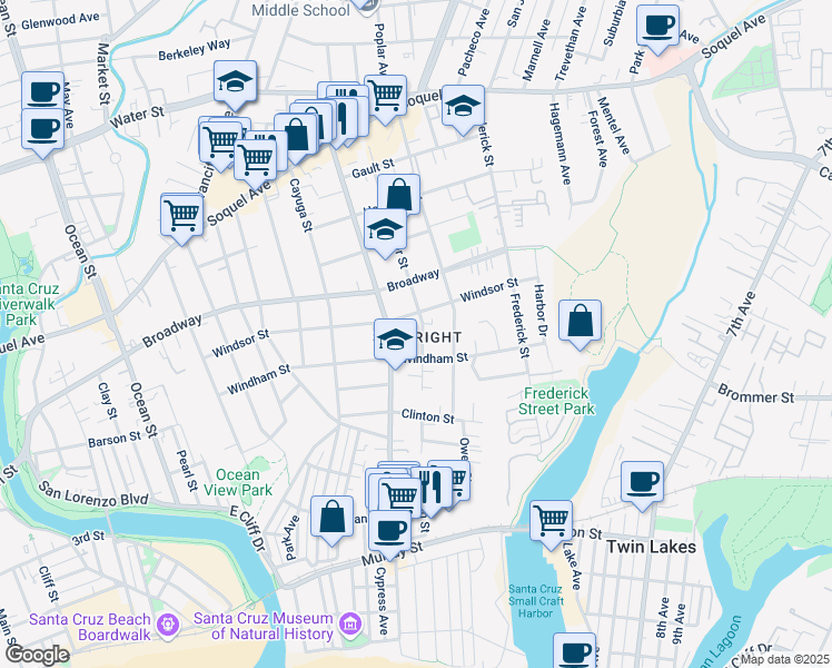 map of restaurants, bars, coffee shops, grocery stores, and more near in Santa Cruz