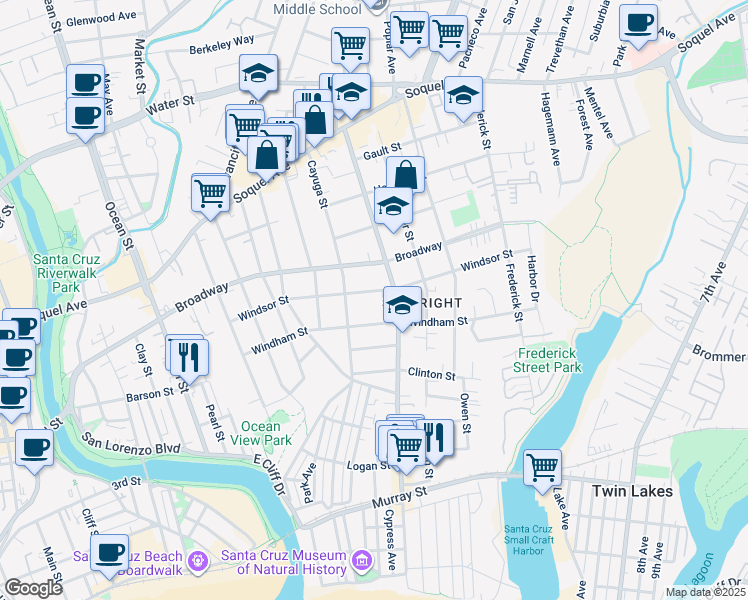 map of restaurants, bars, coffee shops, grocery stores, and more near 1111 Seabright Avenue in Santa Cruz
