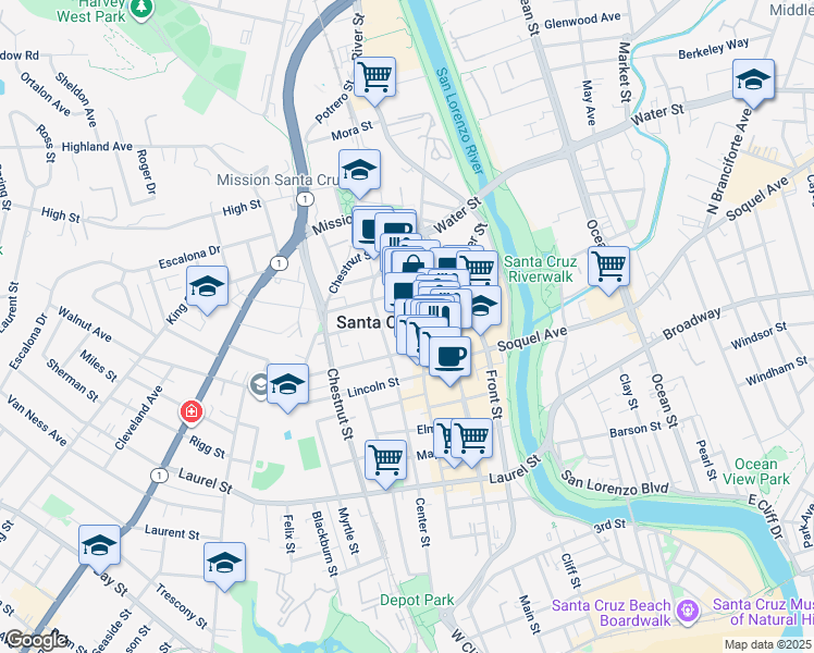 map of restaurants, bars, coffee shops, grocery stores, and more near 144 Walnut Avenue in Santa Cruz