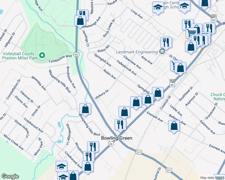 map of restaurants, bars, coffee shops, grocery stores, and more near 2311 Russellville Road in Bowling Green