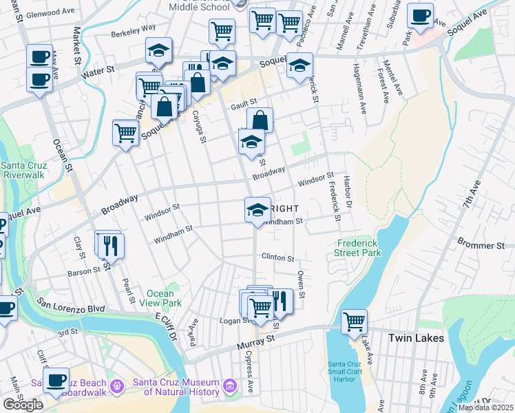 map of restaurants, bars, coffee shops, grocery stores, and more near 1122 Seabright Avenue in Santa Cruz