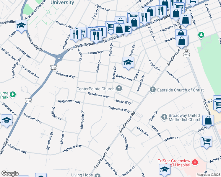 map of restaurants, bars, coffee shops, grocery stores, and more near 1313 Henry Drive in Bowling Green