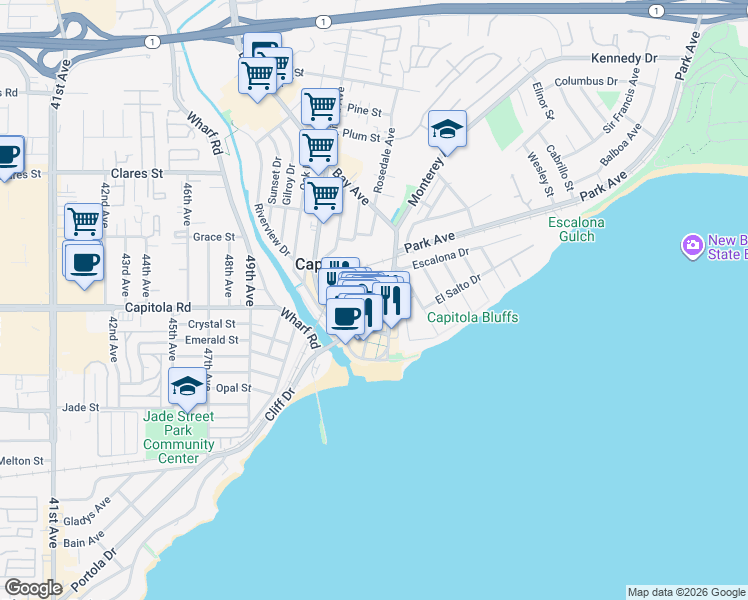 map of restaurants, bars, coffee shops, grocery stores, and more near 217 San Jose Avenue in Capitola