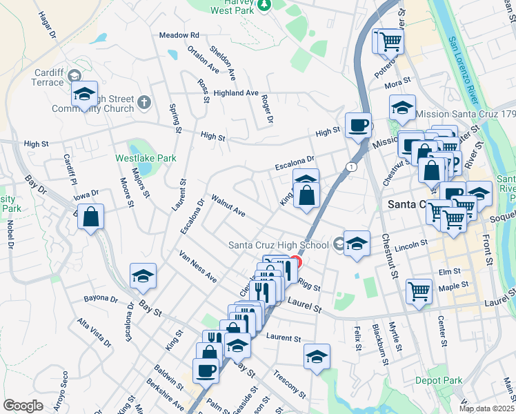 map of restaurants, bars, coffee shops, grocery stores, and more near 812 Walnut Avenue in Santa Cruz