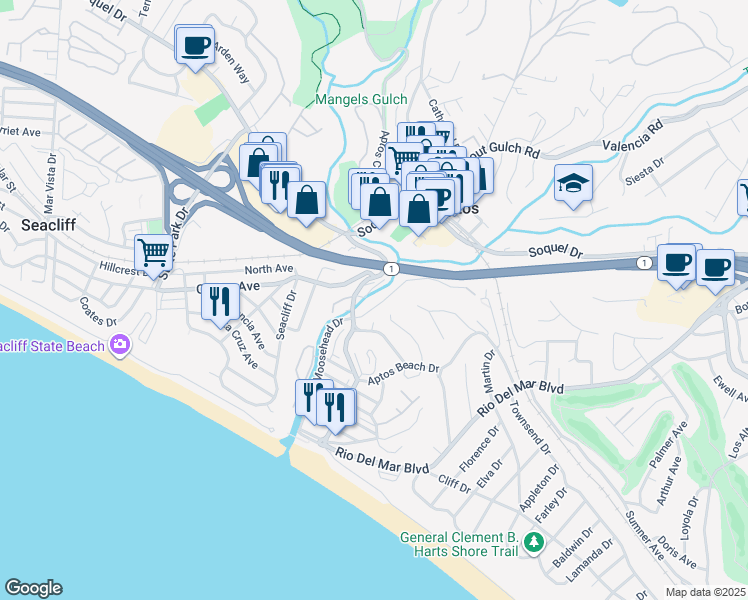 map of restaurants, bars, coffee shops, grocery stores, and more near 307 Moosehead Drive in Aptos