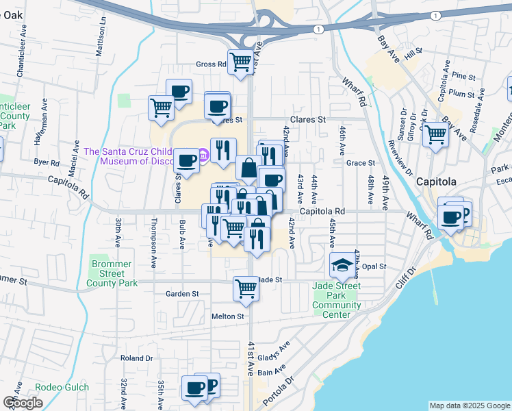 map of restaurants, bars, coffee shops, grocery stores, and more near 1700 41st Avenue in Capitola