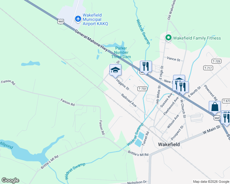 map of restaurants, bars, coffee shops, grocery stores, and more near 535 Railroad Avenue in Wakefield