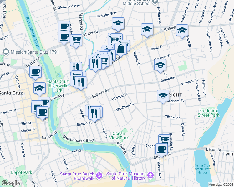 map of restaurants, bars, coffee shops, grocery stores, and more near 405 South Branciforte Avenue in Santa Cruz