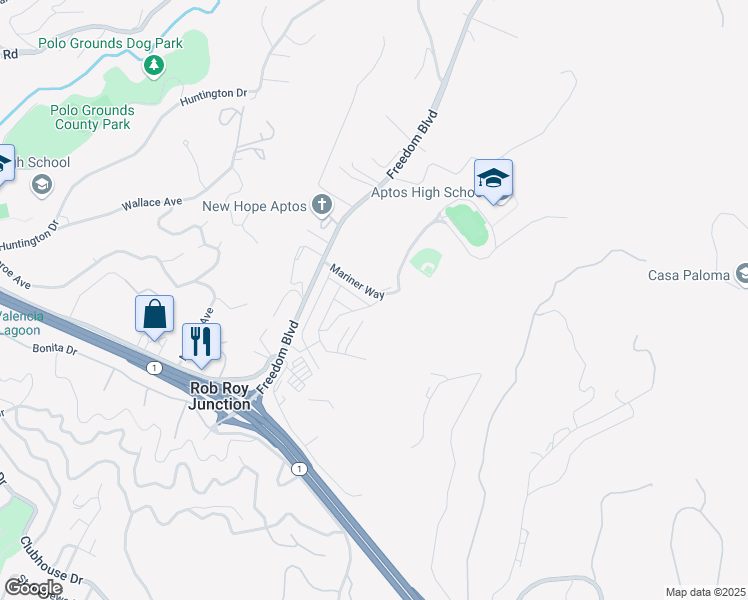 map of restaurants, bars, coffee shops, grocery stores, and more near 70 Cherry Blossom Lane in Aptos
