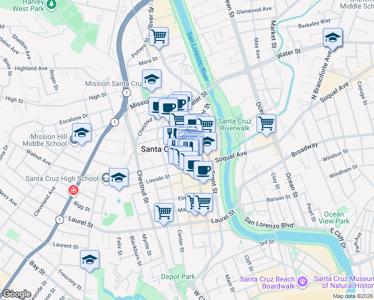map of restaurants, bars, coffee shops, grocery stores, and more near 108 Walnut Avenue in Santa Cruz