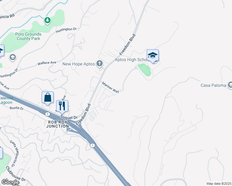 map of restaurants, bars, coffee shops, grocery stores, and more near 70 Cherry Blossom Lane in Aptos