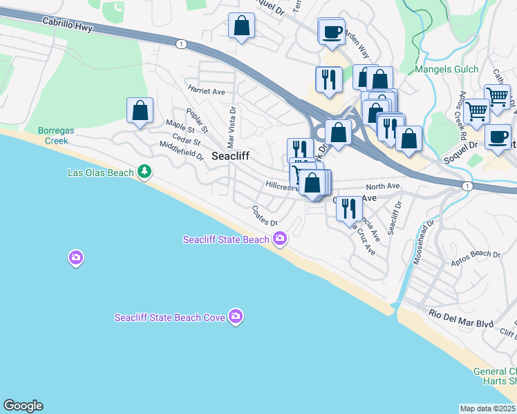 map of restaurants, bars, coffee shops, grocery stores, and more near 339 Park Drive in Aptos