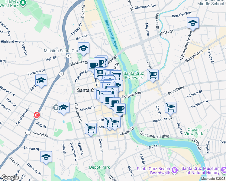 map of restaurants, bars, coffee shops, grocery stores, and more near 607 Front Street in Santa Cruz