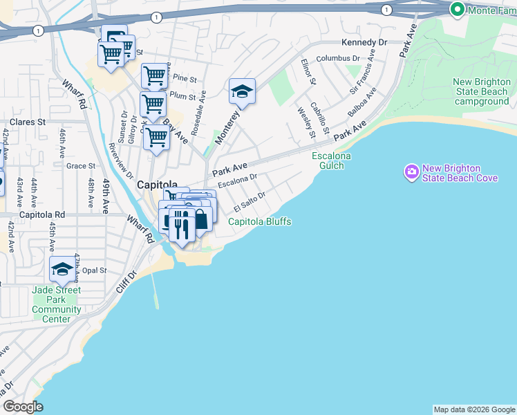 map of restaurants, bars, coffee shops, grocery stores, and more near 106 Oakland Avenue in Capitola