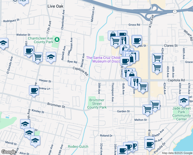 map of restaurants, bars, coffee shops, grocery stores, and more near 2973 Childers Lane in Santa Cruz
