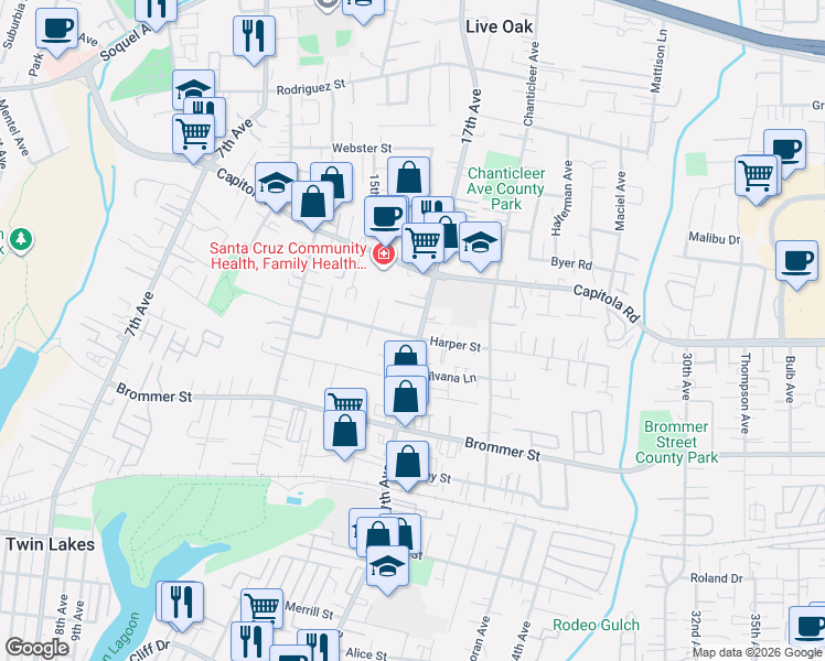 map of restaurants, bars, coffee shops, grocery stores, and more near 1687 Colony Way in Santa Cruz