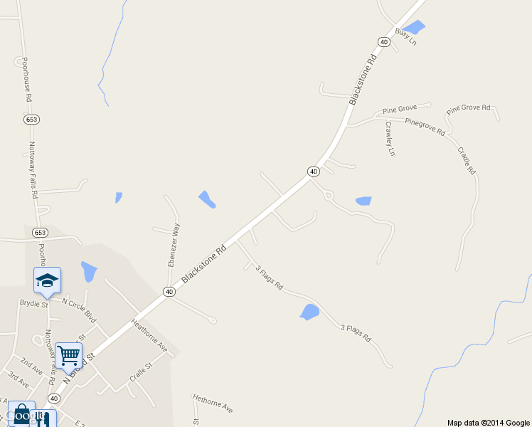 map of restaurants, bars, coffee shops, grocery stores, and more near 1342 Blackstone Road in Kenbridge