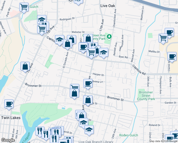 map of restaurants, bars, coffee shops, grocery stores, and more near 1505 17th Avenue in Santa Cruz