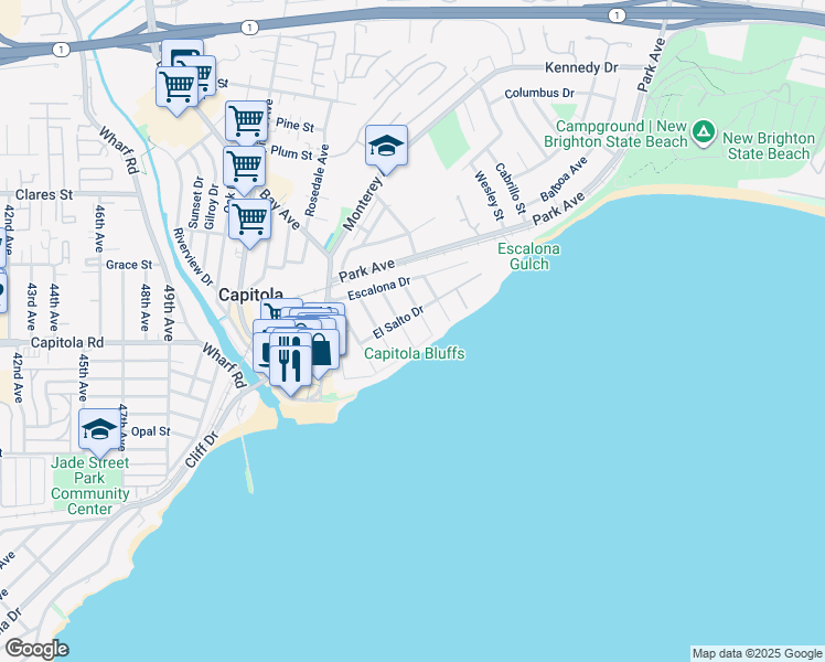 map of restaurants, bars, coffee shops, grocery stores, and more near 106 Oakland Avenue in Capitola