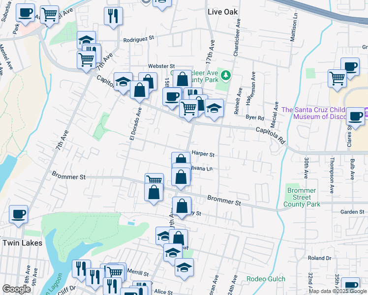 map of restaurants, bars, coffee shops, grocery stores, and more near 1505 17th Avenue in Santa Cruz