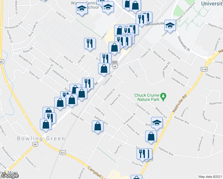 map of restaurants, bars, coffee shops, grocery stores, and more near 2115 Southland Drive in Bowling Green