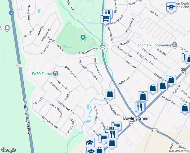 map of restaurants, bars, coffee shops, grocery stores, and more near 215 Brandywood Court in Bowling Green