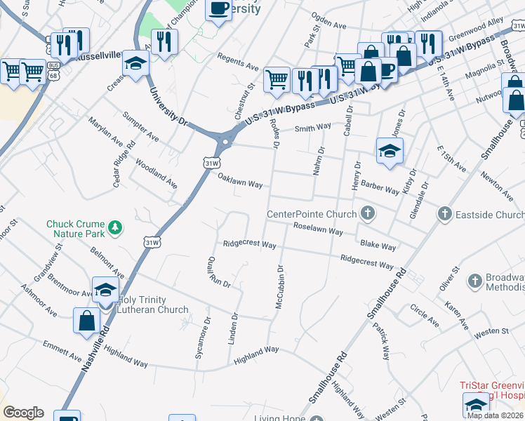 map of restaurants, bars, coffee shops, grocery stores, and more near 1357-1393 Rodes Drive in Bowling Green