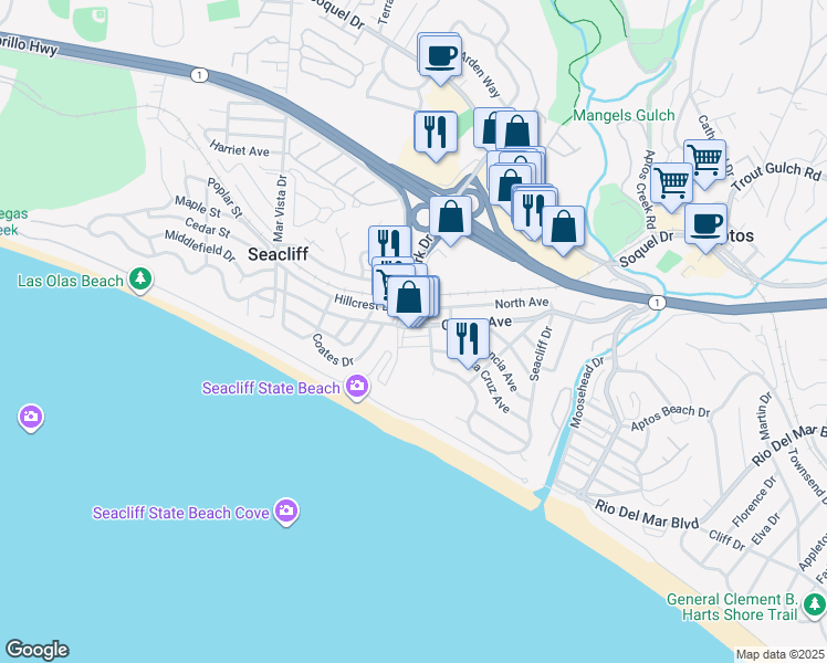 map of restaurants, bars, coffee shops, grocery stores, and more near 237 Santa Cruz Avenue in Aptos