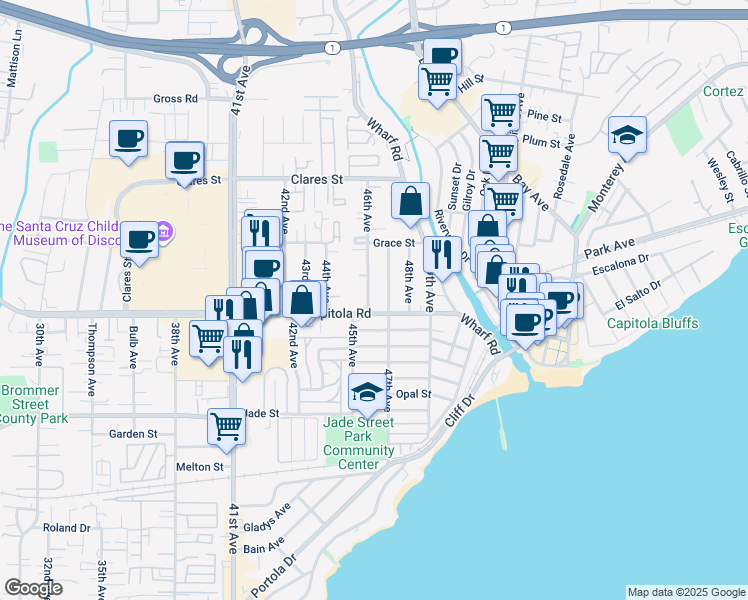map of restaurants, bars, coffee shops, grocery stores, and more near 4610 Capitola Road in Capitola