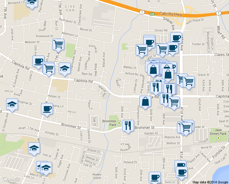 map of restaurants, bars, coffee shops, grocery stores, and more near 2973 Childers Lane in Santa Cruz