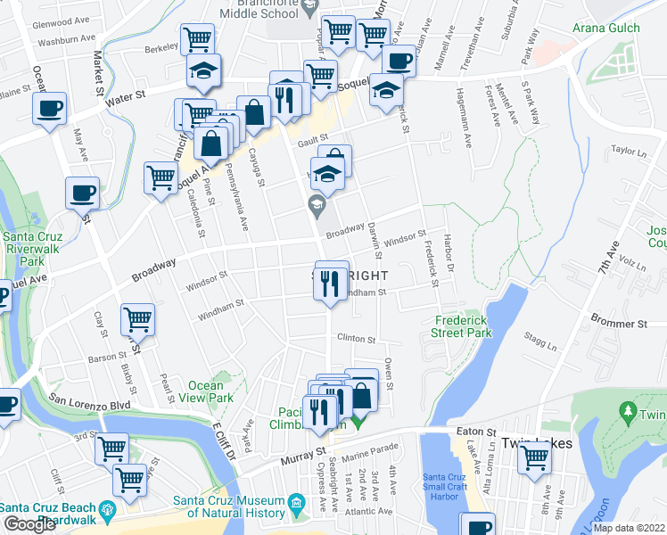 map of restaurants, bars, coffee shops, grocery stores, and more near 1111 Seabright Avenue in Santa Cruz