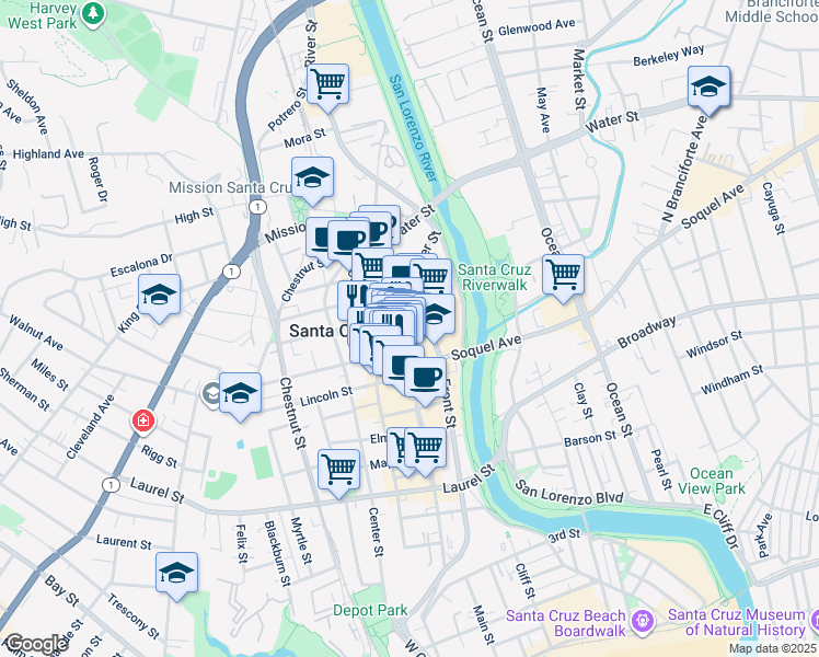 map of restaurants, bars, coffee shops, grocery stores, and more near 108 Walnut Avenue in Santa Cruz