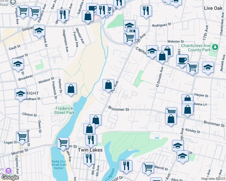 map of restaurants, bars, coffee shops, grocery stores, and more near 7th Avenue in Santa Cruz