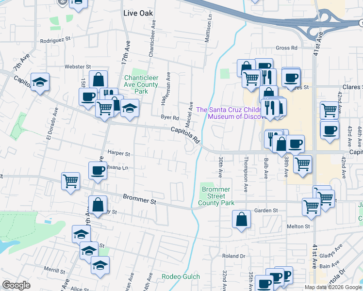 map of restaurants, bars, coffee shops, grocery stores, and more near 2435 Harper Street in Santa Cruz