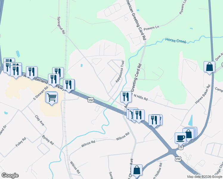 map of restaurants, bars, coffee shops, grocery stores, and more near 3314 North State Highway 1223 in Corbin