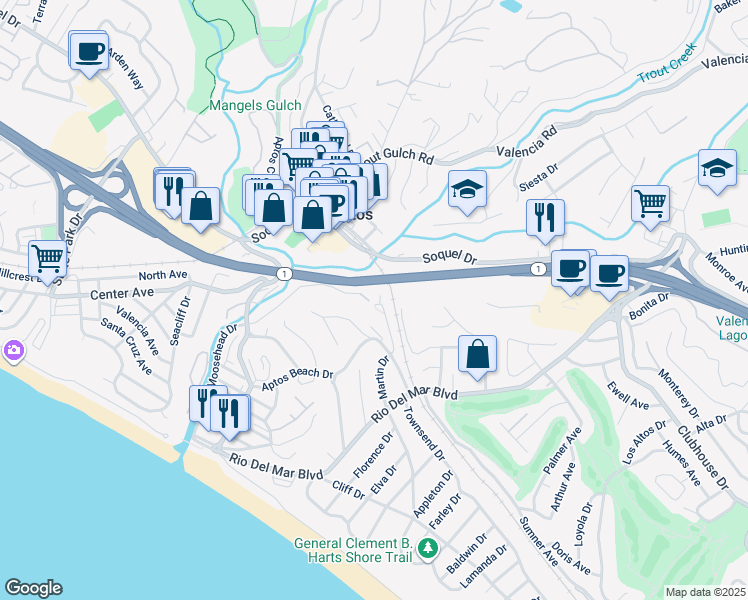 map of restaurants, bars, coffee shops, grocery stores, and more near 270 Carrera Circle in Aptos