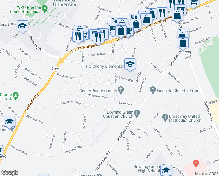 map of restaurants, bars, coffee shops, grocery stores, and more near 1304 Cabell Drive in Bowling Green