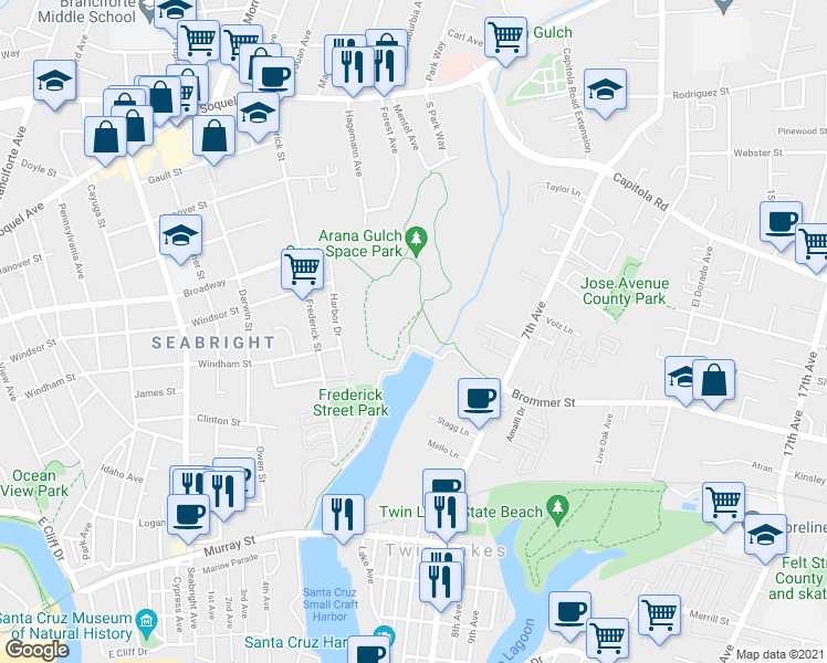 map of restaurants, bars, coffee shops, grocery stores, and more near 555 Brommer Street in Santa Cruz